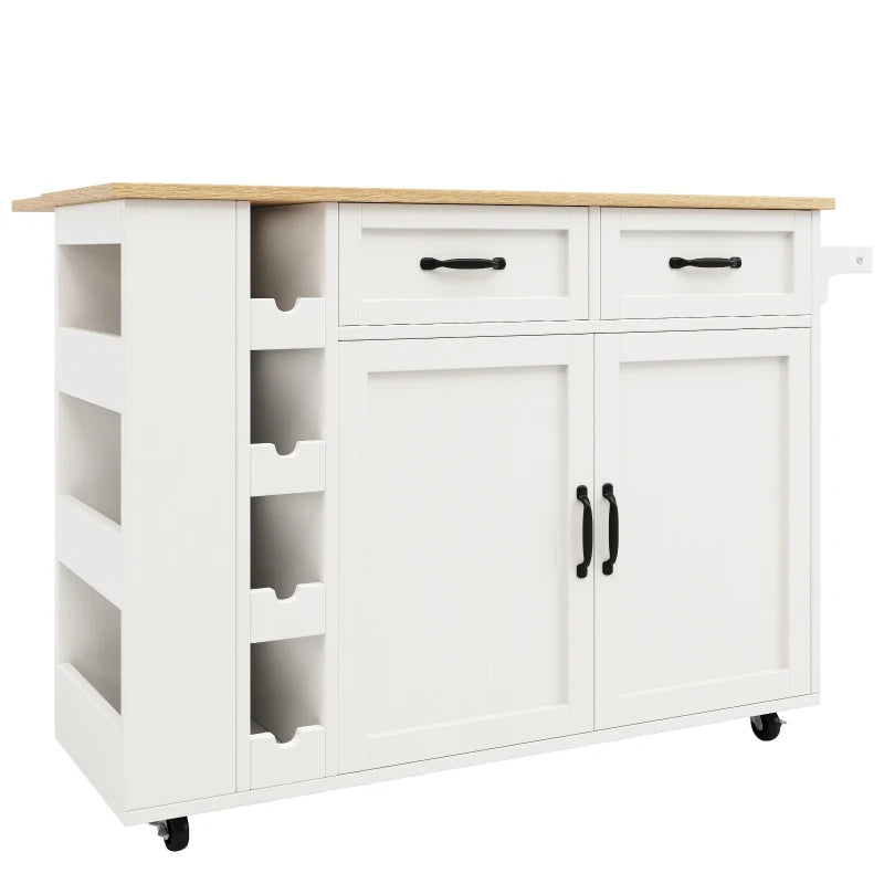 Space-Saving Kitchen Island Trolley with Power Strip, Folding Design & Wine Rack - White & Natural, 131.5L x 76W x 91H cm