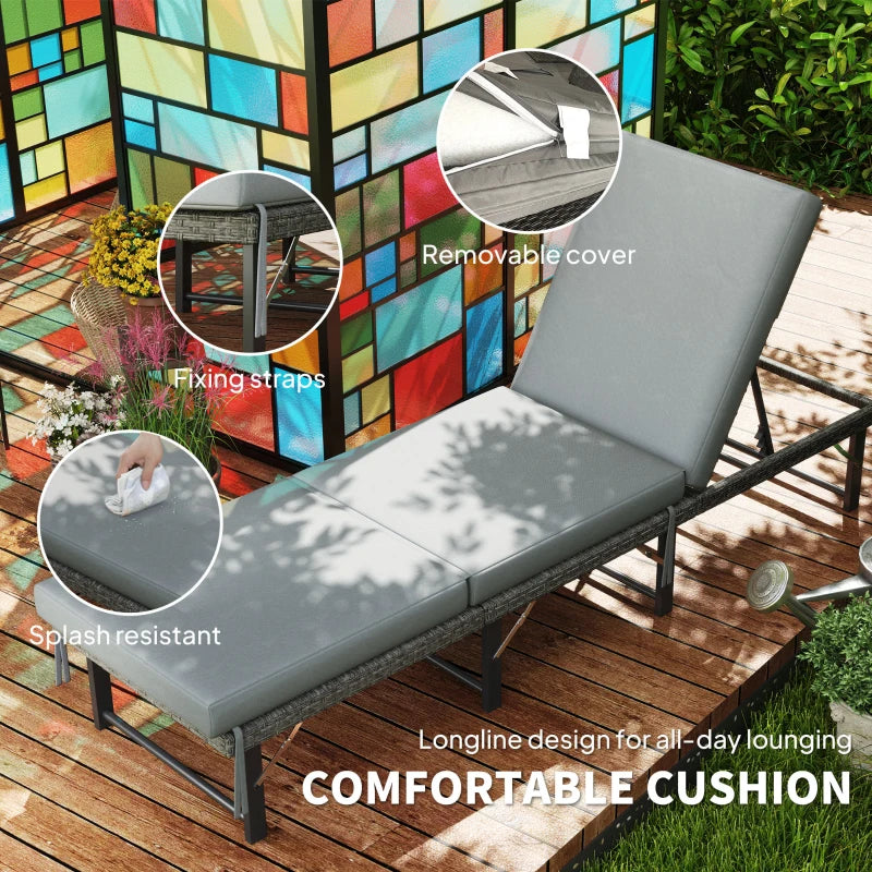 Grey Single Folding Rattan Sun Lounger with Cushion - Outdoor Relaxation Chair