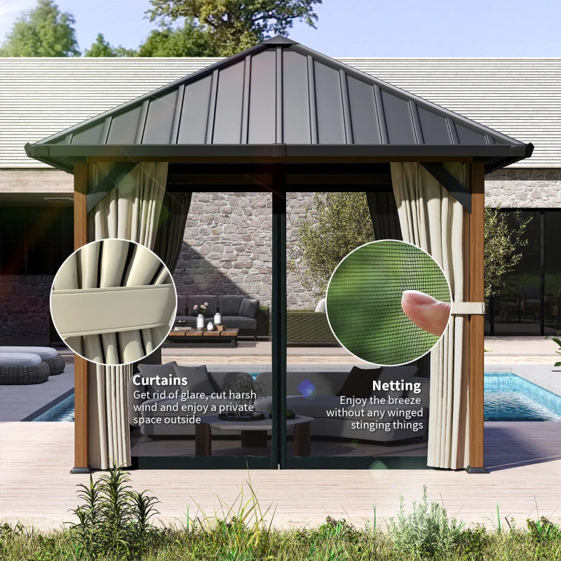 3x3m Hardtop Gazebo - Waterproof Galvanised Steel Roof Pavilion with Netting and Curtains - Walnut Wood Finish Garden Canopy