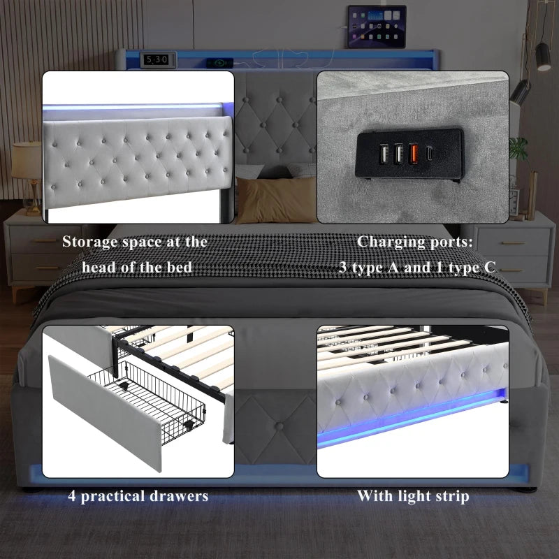 4ft6 Upholstered Double Bed with Velvet Headboard, 4 Storage Drawers, LED Lights & Charging Socket - Grey, 206L x 143W x 115H cm