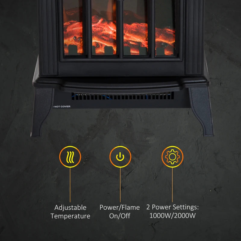 Freestanding 1000W 2000W Electric Fireplace Indoor Heater with Thermostat and LED Flame Effect Black