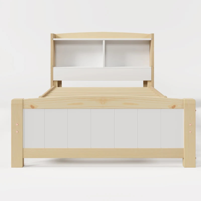Solid Wooden Single Bed Frame with Storage Headboard - 3FT (90x190 cm), No Box Spring Required, Durable White Design