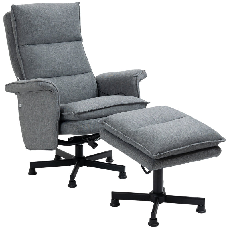 Upholstered Swivel Recliner Chair with Footstool, Remote-Controlled Massage Armchair, Timer and Steel Base in Grey