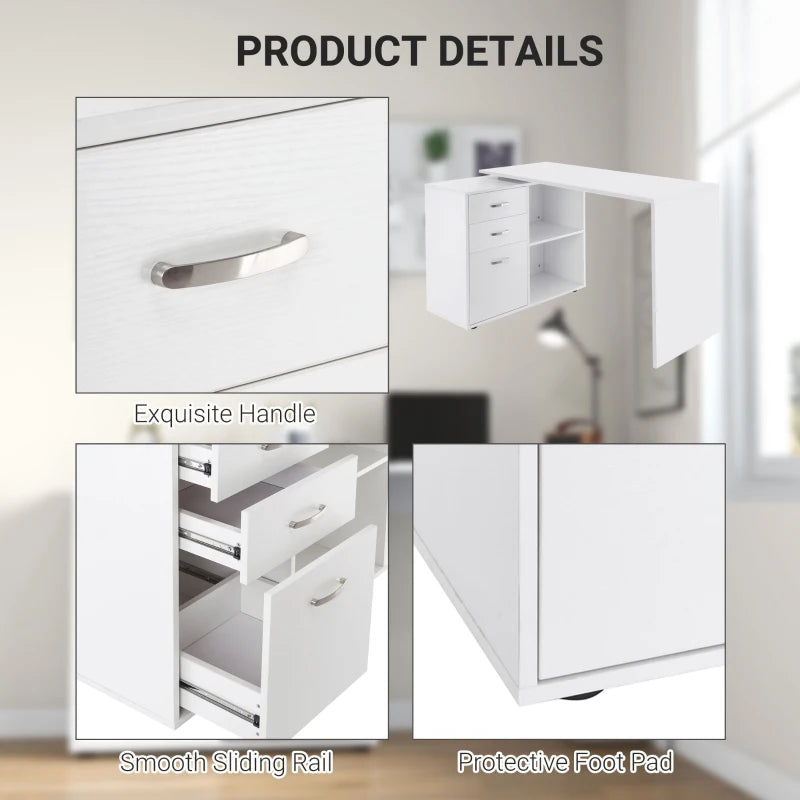 L Shaped Computer Desk with Drawers & File Cabinet - Reversible Home Office Study Table, 117x83.5x76cm, White