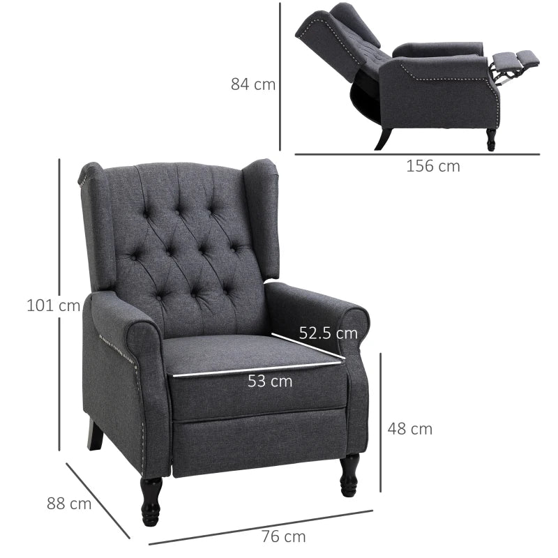Vintage Wingback Recliner Armchair with Nail Head Trim and Footrest for Living Room in Dark Grey