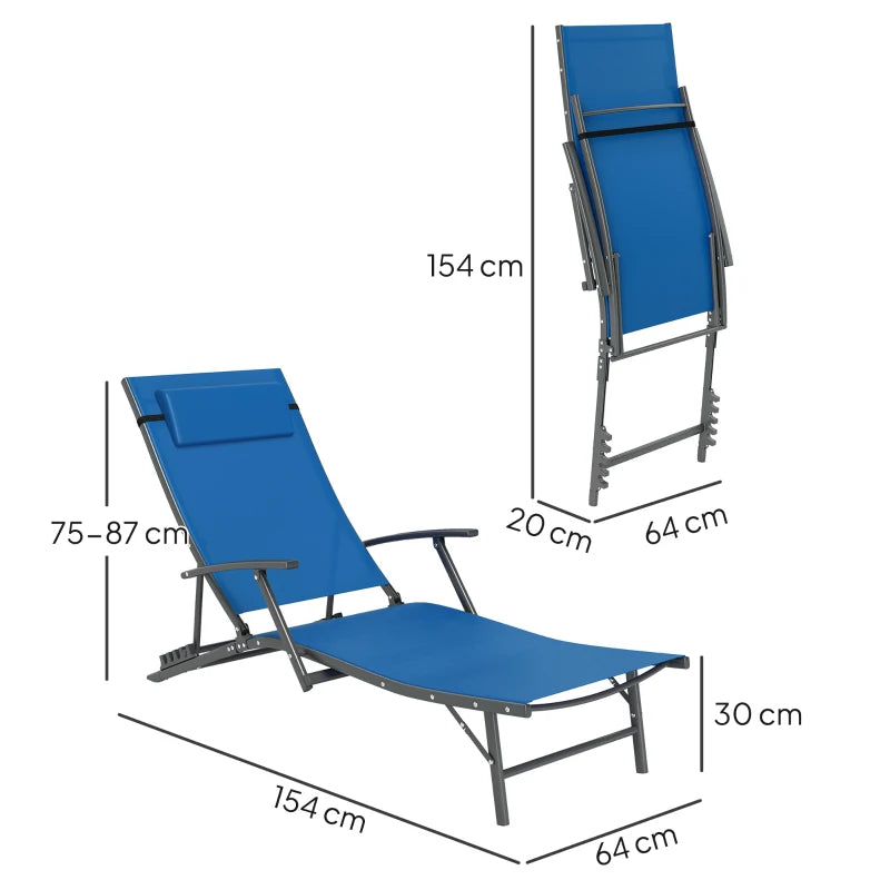 Set of 2 Blue Folding Sun Loungers - Adjustable 4 Position Outdoor Chaise Lounge Chairs with Armrests and Pillows, Steel Frame Sunbed Recliners for Garden, Patio, Beach and Poolside