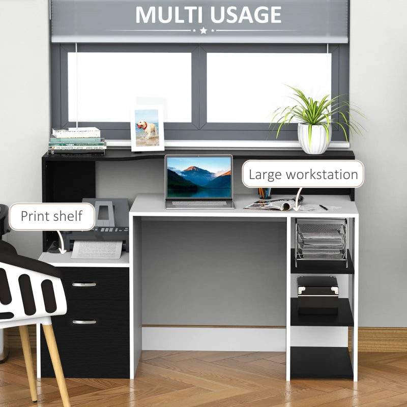 Modern Computer Desk with Drawers & Storage Shelves - Large Office Writing Table with Printer Stand, Black & White, 137x55x92cm