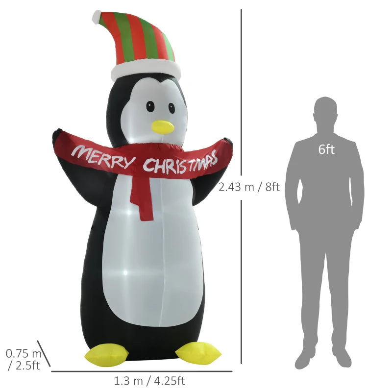 8ft Inflatable Penguin with LED Lights & Christmas Banner - Weather-Resistant Indoor Outdoor Holiday Decoration, Cute & Fun