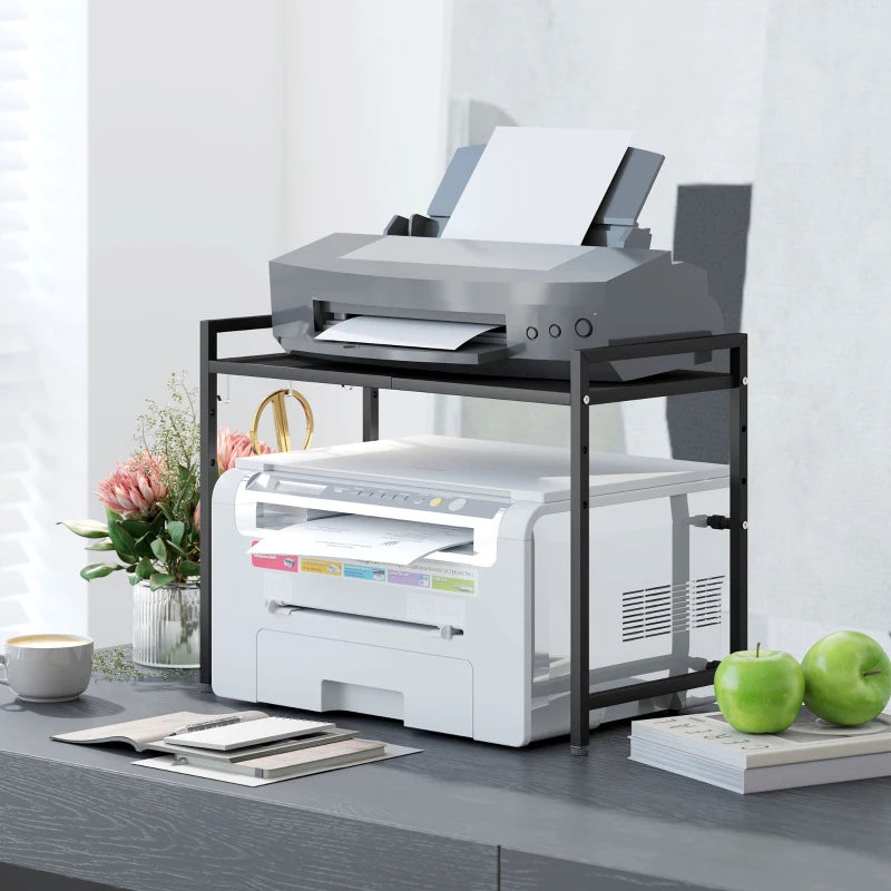 Expandable Microwave Oven Rack with 3 Hooks - Space-Saving Kitchen Organizer, Black - Perfect for Small Spaces