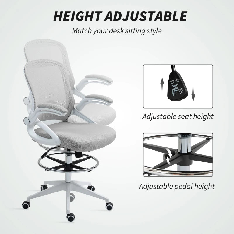 Vinsetto Height Adjustable Drafting Chair with Flip-up Armrest, Mesh Office Stool, 360° Swivel for Standing Desk - Light Grey