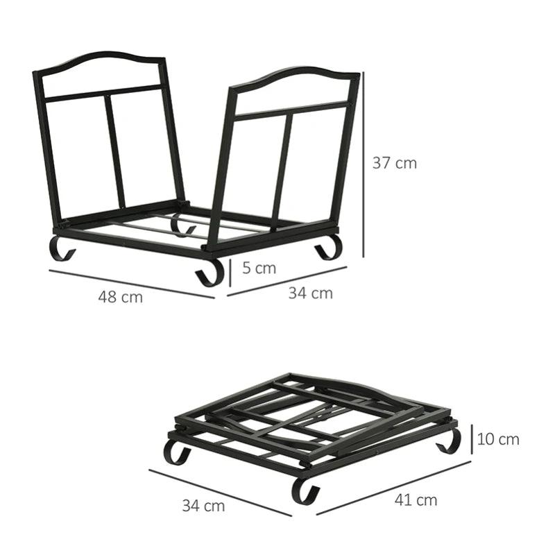 Metal Firewood Log Holder Rack - Indoor Outdoor Folding Fireplace Wood Storage Shelf, Rust-Resistant, Black, 48x34x37cm
