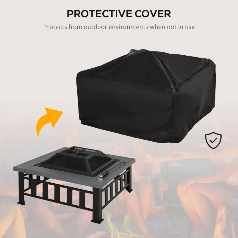 Large Square Metal Fire Pit with Cover & Grate - Outdoor BBQ Bonfire Stove for Backyard & Camping, 86x86cm, Black