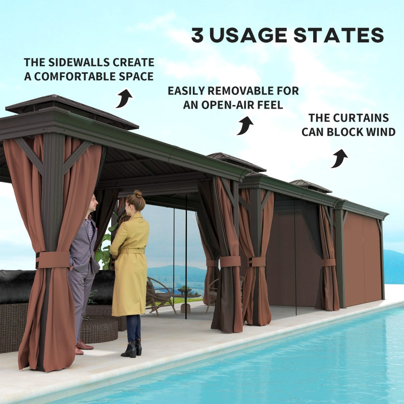 3m x 3.7m Dark Brown Outdoor Hardtop Gazebo Canopy with Aluminium Frame, 2-Tier Roof & Mesh Netting Sidewalls for Patio