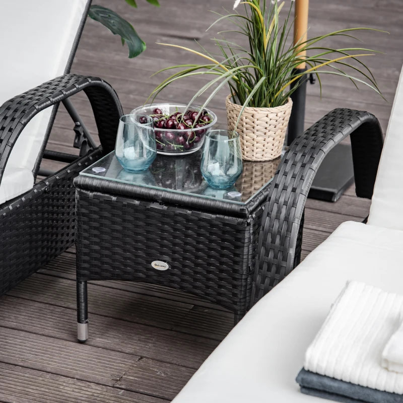Black Rattan 2-Seater Sun Lounger Set with Side Table