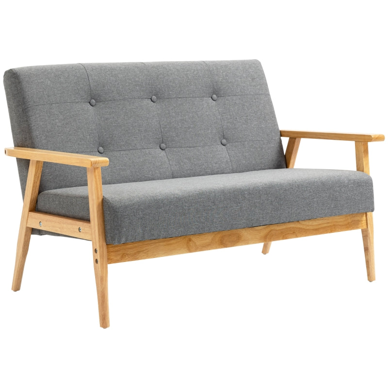 Modern 2 Seater Sofa in Dark Grey Linen Fabric with Tufted Design and Rubberwood Legs for Living Room and Kitchen