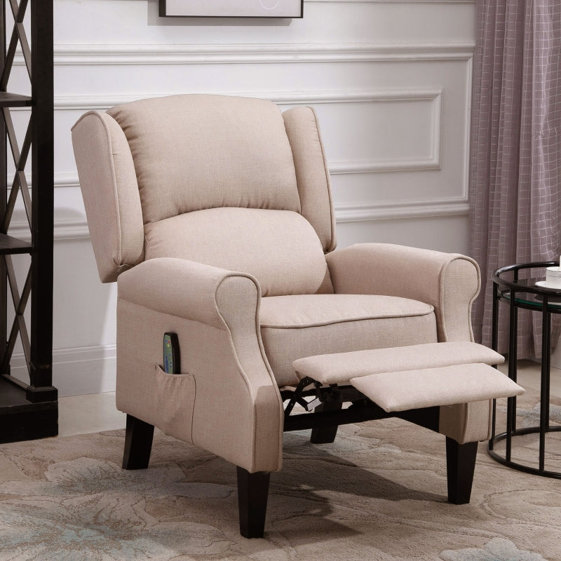 Luxury Heated Massage Reclining Armchair with Thick Sponge Padding and Linen Upholstery for Home Relaxation in Beige