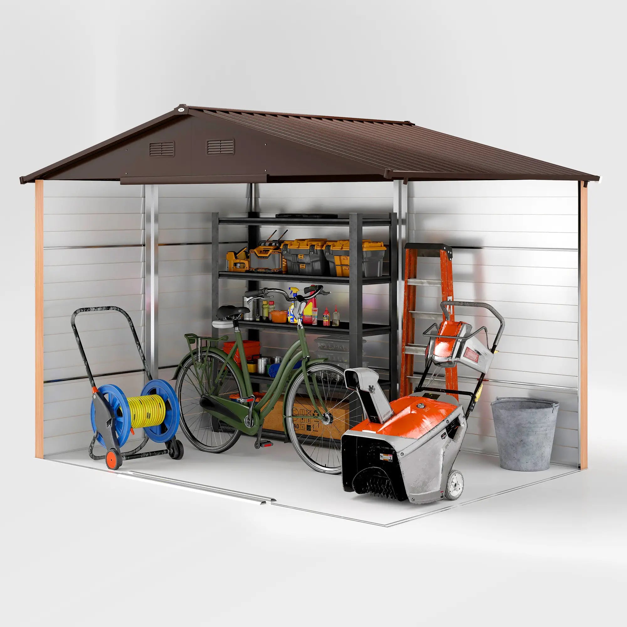 9ft x 6ft Galvanised Steel Shed - Brown Wood-Effect With Sliding Doors