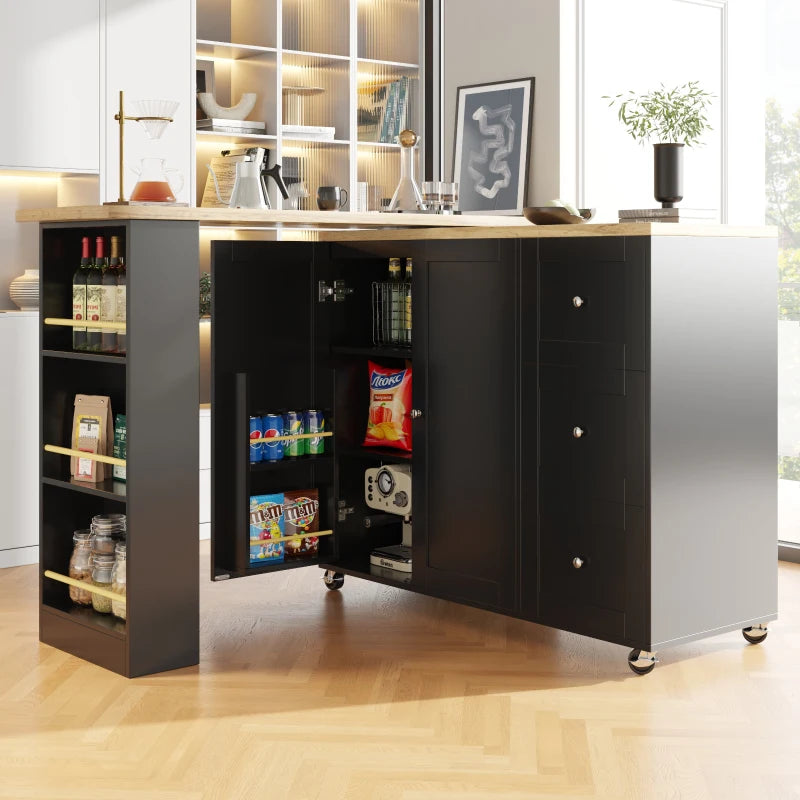 360° Swiveling Dining Table with Snack Rack & Drawers - Multifunctional Kitchen Island on Castors, Black, 209L x 39W x 104H cm