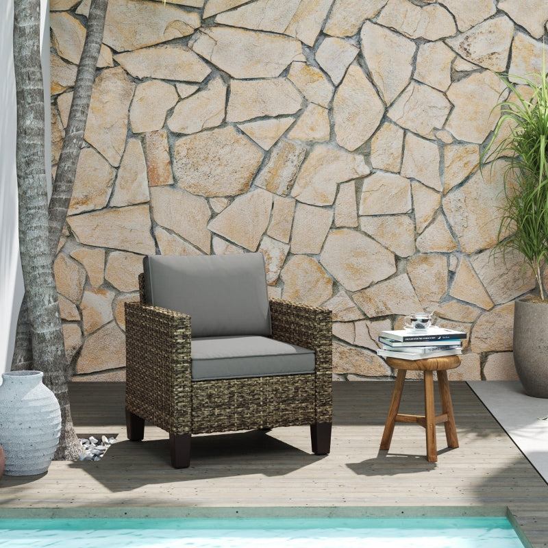 Single Rattan Armchair with Cushions - Mixed Grey - Stylish Outdoor Seating, Comfortable and Durable
