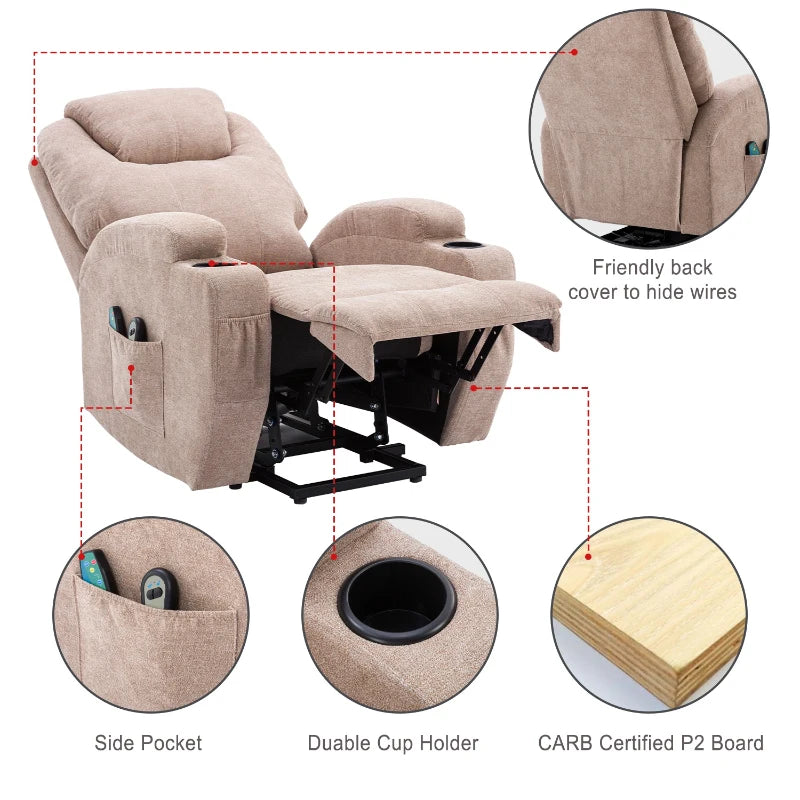 Electric Recliner Chair with Remote Control, Massage and Heating Features, Cup Holders and Side Pockets, Ideal for Seniors, Light Brown