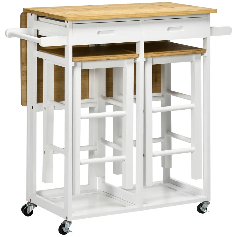 Bamboo Kitchen Island Set with 2 Stools, Rolling Breakfast Cart, Drop Leaf Top, Drawers & Towel Rack - White