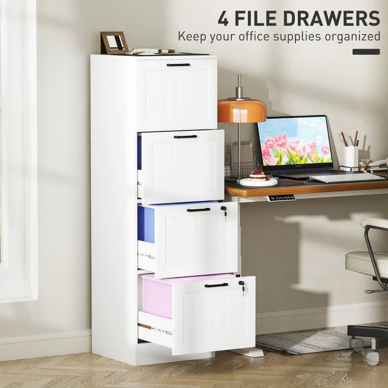 Secure 4 Drawer Filing Cabinet with Lock - Adjustable Hanging Bars for A4 Files - Stylish White Office Storage Solution