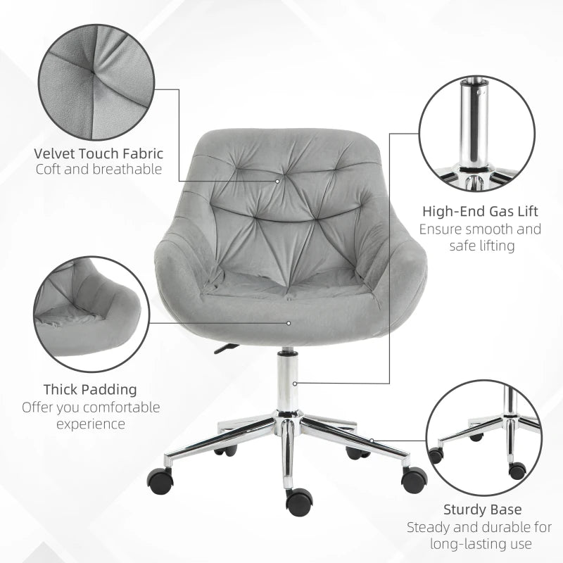 Vinsetto Ergonomic Velvet Home Office Chair - Adjustable Height, Arm & Back Support, Comfy Grey Desk Chair