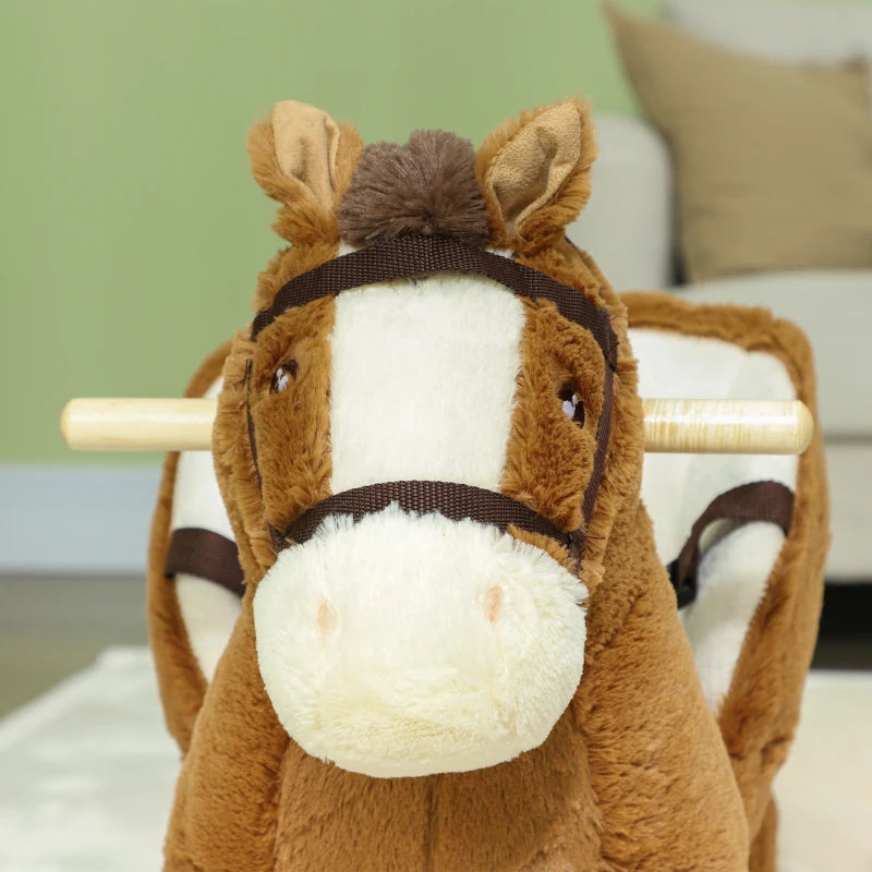 Plush Rocking Horse for Kids with Sound Wooden Base Ride On Toy for Ages 18 to 36 Months Brown