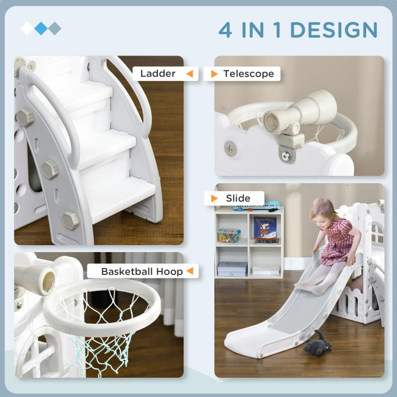 4 in 1 Toddler Slide with Basketball Hoop Climber Telescope Storage Basket for Ages 1 to 3 Years Grey