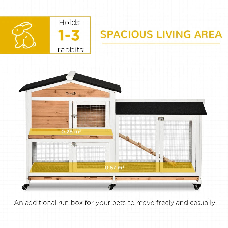 Outdoor Rabbit Hutch with Run - 2-Tier Guinea Pig Cage on Wheels, No-Leak Tray, 157.4x53x99.5 cm - Yellow