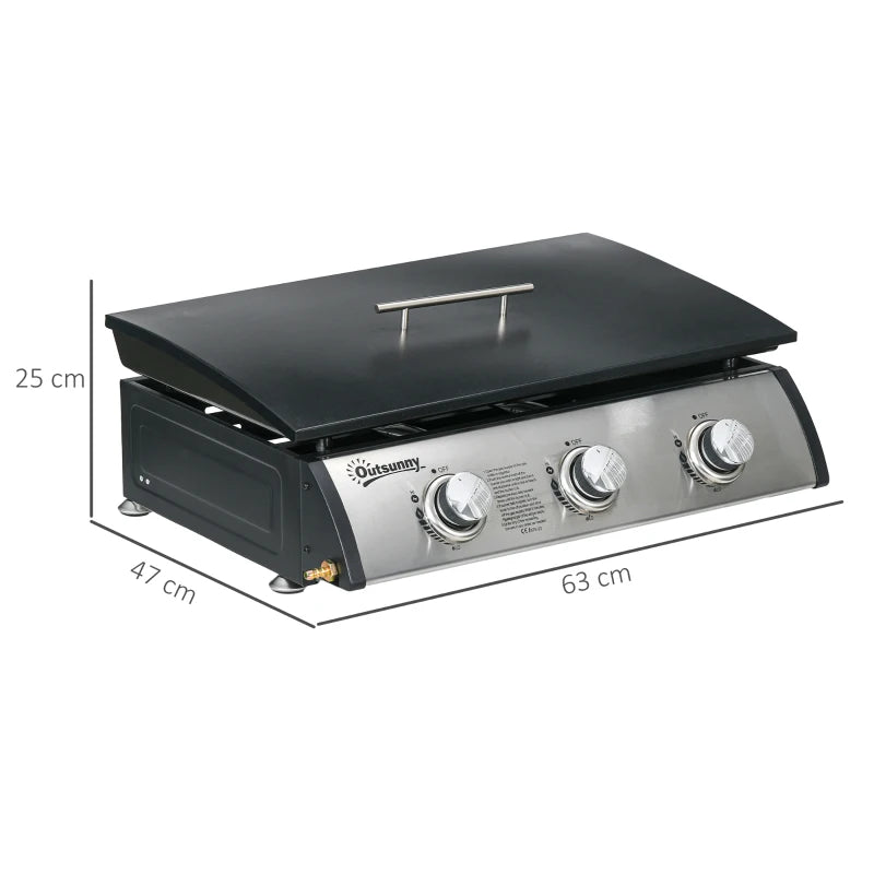 Black 3-Burner Gas Plancha BBQ Grill with Lid