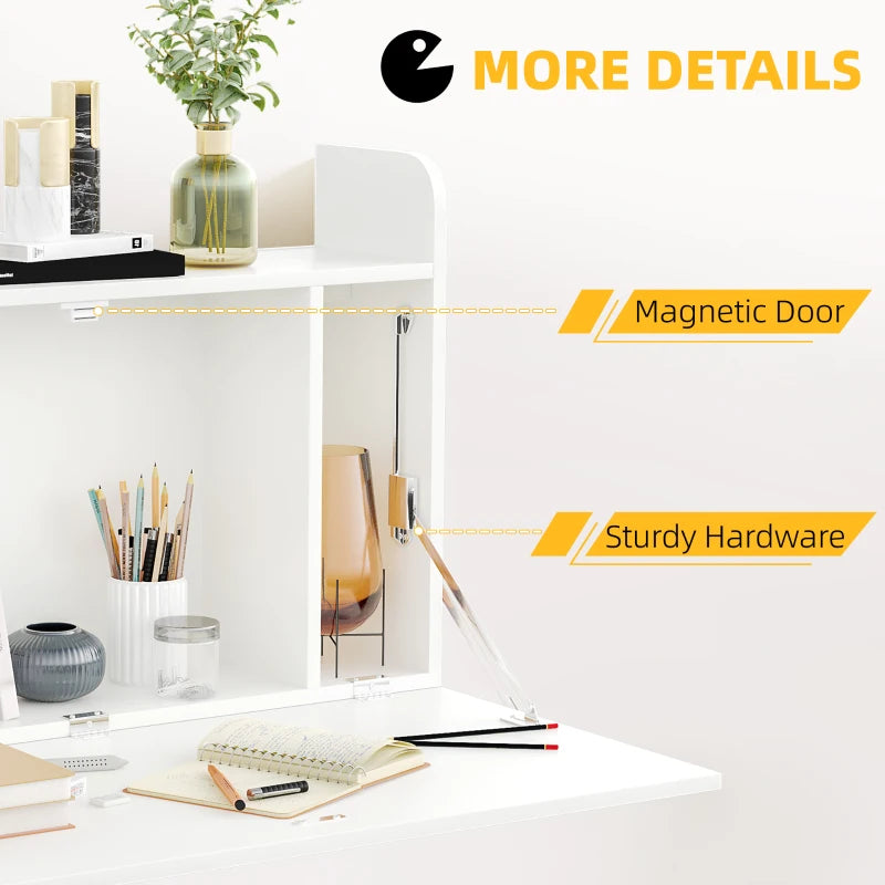 Wall Mounted Drop Leaf Laptop Desk with Storage - Space Saving Home Office Table, 77cm x 20cm x 51cm, White