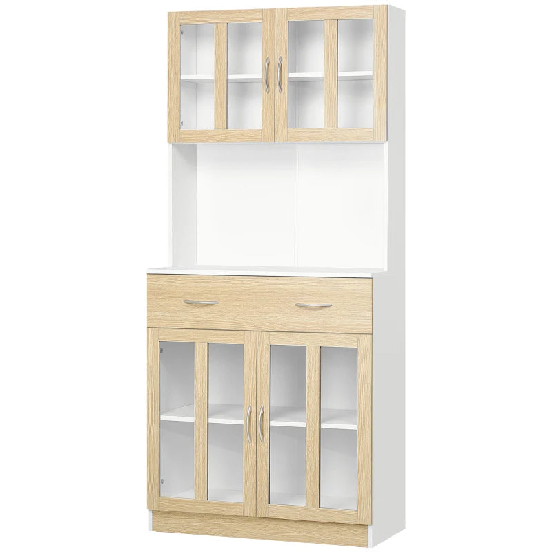 Modern Freestanding Kitchen Cupboard - 180cm Storage Cabinet Hutch with Central Drawer & 2 Glass Door Cabinets