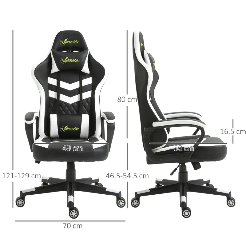 Vinsetto Gaming Chair - Ergonomic Computer Desk Chair with Lumbar Support, Faux Leather, Headrest & Swivel Wheels - Black & White