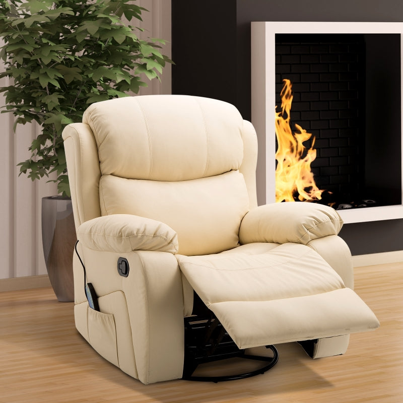 Beige PU Leather Reclining Chair with 8 Massage Points, Heat Function, Swivel Base and Footrest
