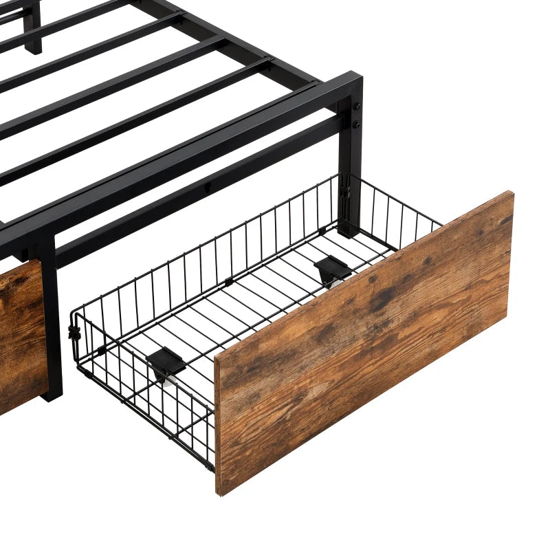 Metal Double Bed with LED Light Strip, 4 Drawers & 3 USB Ports - Black & Dark Walnut, 207.5x135x105 cm