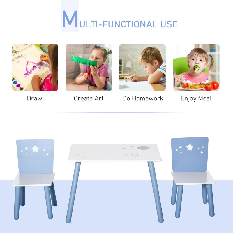 3 Pcs Kids Table & Chairs Set - Safe Corners, Wood Legs, Cute Stars - Mini Furniture for Playroom & Bedroom - Blue