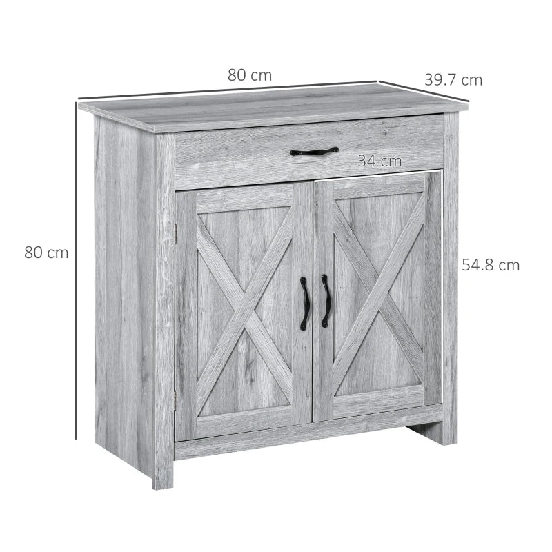 Farmhouse Barn Door Sideboard Storage Cabinet - Grey Grain Coffee Bar for Living Room - Rustic Home Decor