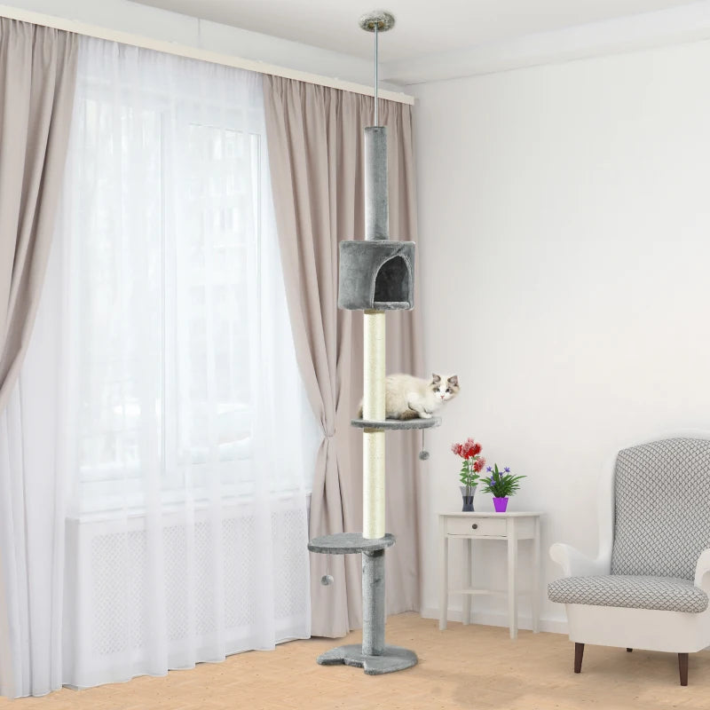 Light Grey Floor to Ceiling Cat Tree - Multi-Layer Condo & Activity Center for Indoor Cats with Scratching Post & Hanging Balls