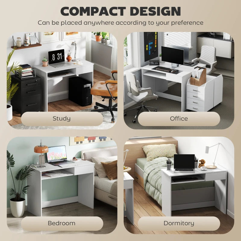 100cm Compact Computer Desk with Keyboard Tray & Drawer - Stylish Home Office Desk for Bedroom Study, White Finish