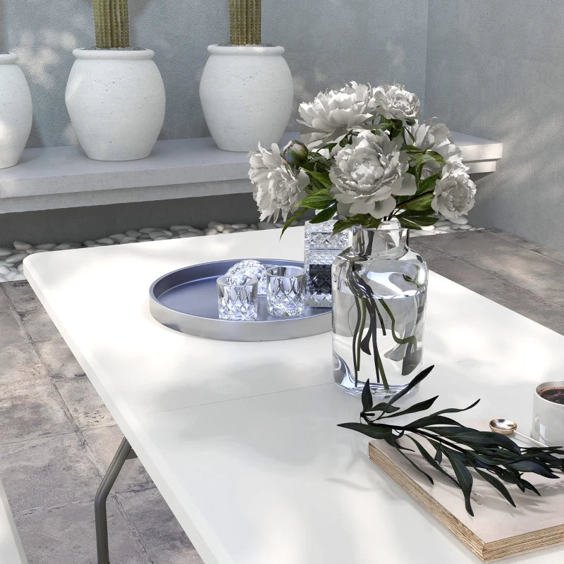 180 x 75cm Folding Garden Table - Outdoor HDPE Picnic Table for 6 - Rectangular White Patio Table with Metal Frame