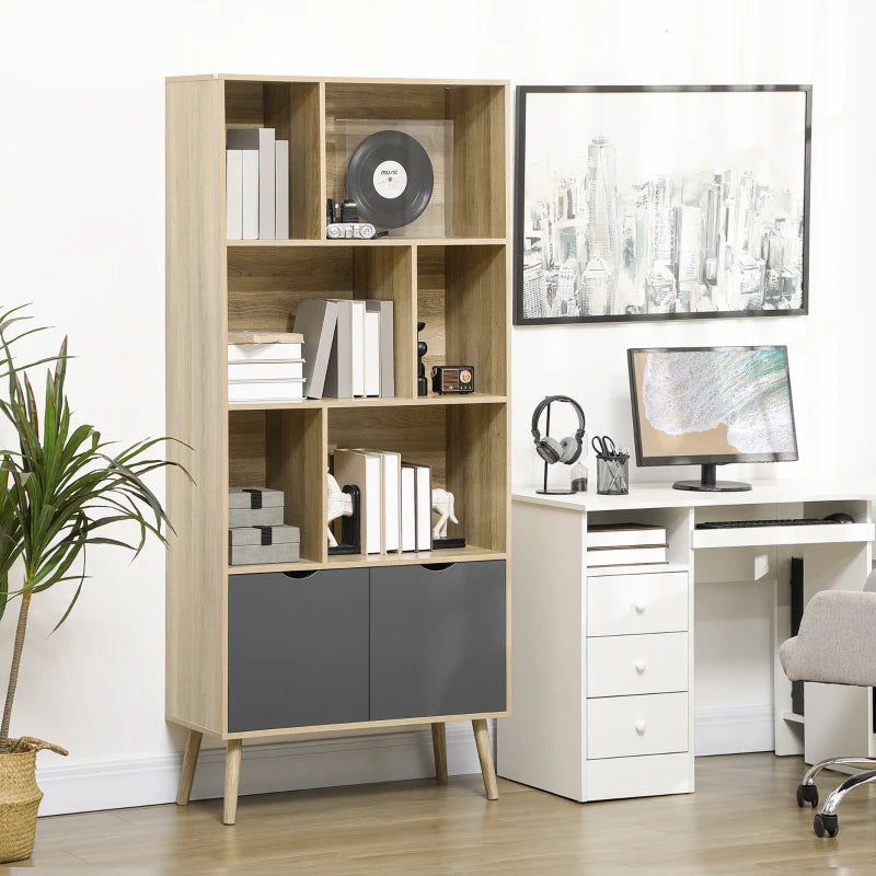 Modern Freestanding Bookcase with Bottom Cabinet & 6 Open Shelves - Stylish Natural & Dark Grey Bookshelf for Home Office & Living Room