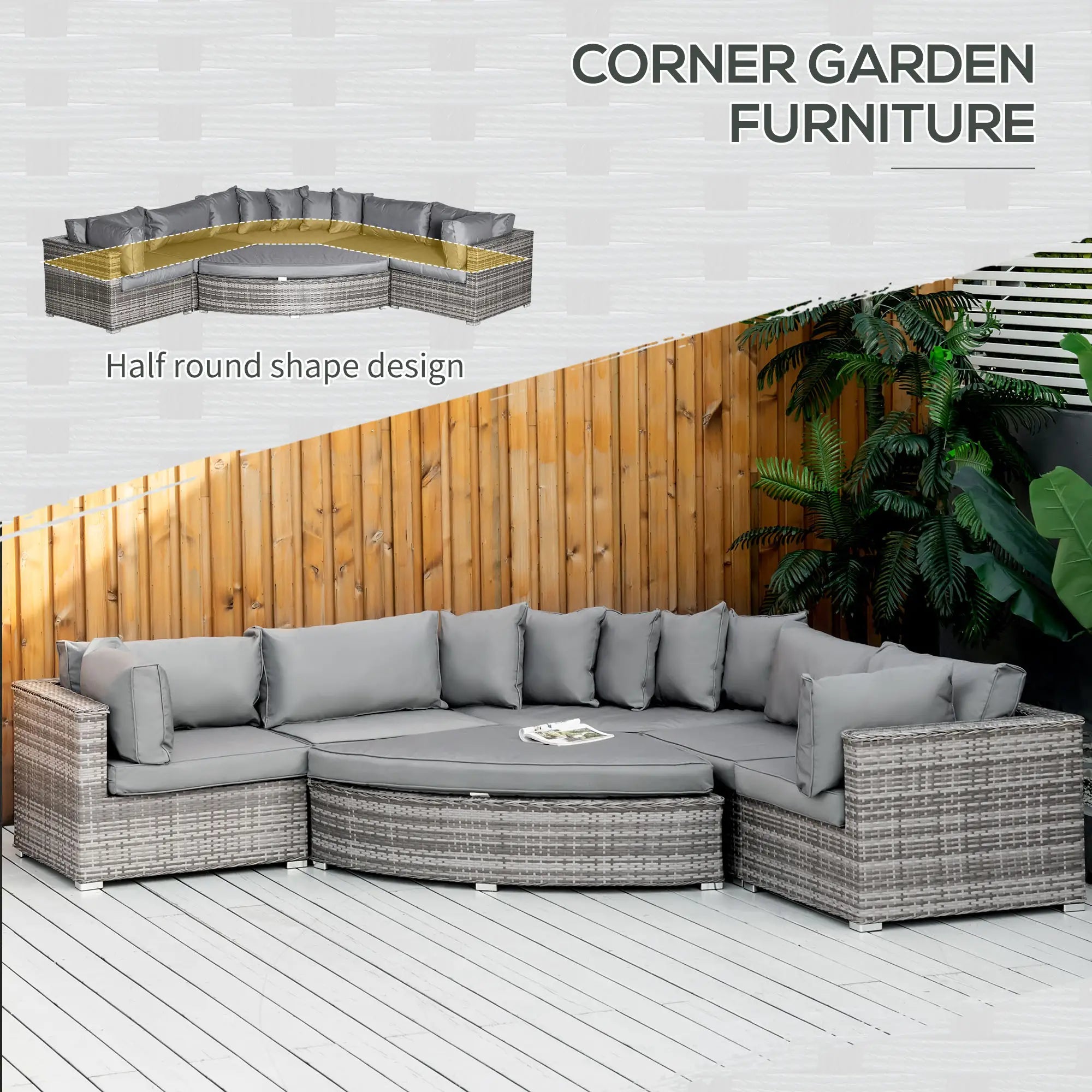 Grey 6-Piece PE Rattan Corner Sofa Set with Padded Cushions, Elegant Half-Round Rattan Corner Furniture