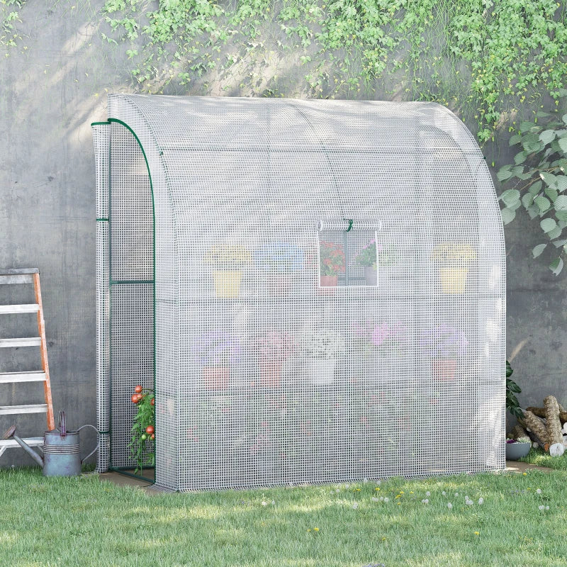 Green Walk-In Lean-to Greenhouse with Windows and Doors - 2 Tiers, 4 Shelves - White