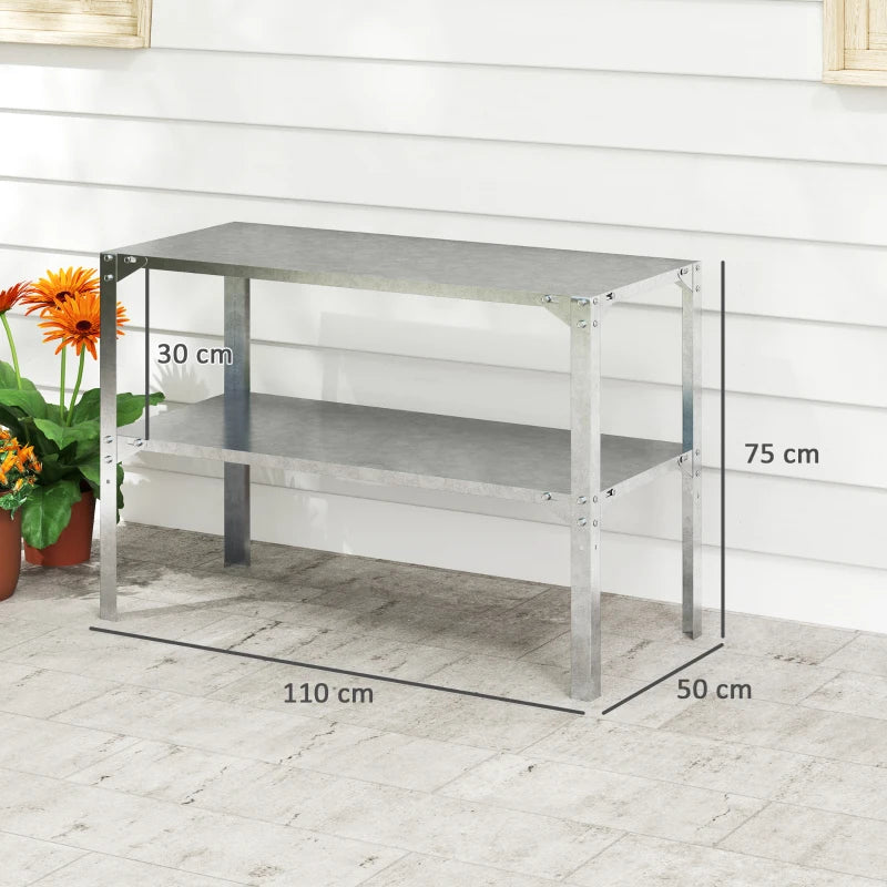 2 Tier Galvanised Steel Potting Bench Table - Silver Tone, 110 x 50 x 75 cm - Outdoor Garden Workstation with Storage Shelf for Patio and Greenhouse