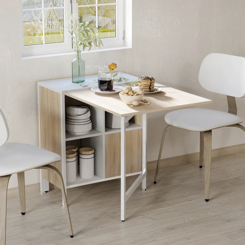 Foldable Drop Leaf Dining Table with Storage Shelves - Compact Oak & White Workstation for Small Spaces