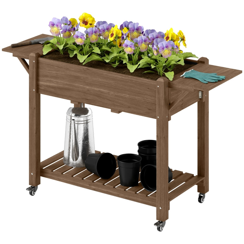 Wooden Elevated Planter Box with Lockable Wheels, Side Tables, and Bottom Shelf - Carbonised 120cm Garden Bed for Vegetables, Flowers, and Fruits