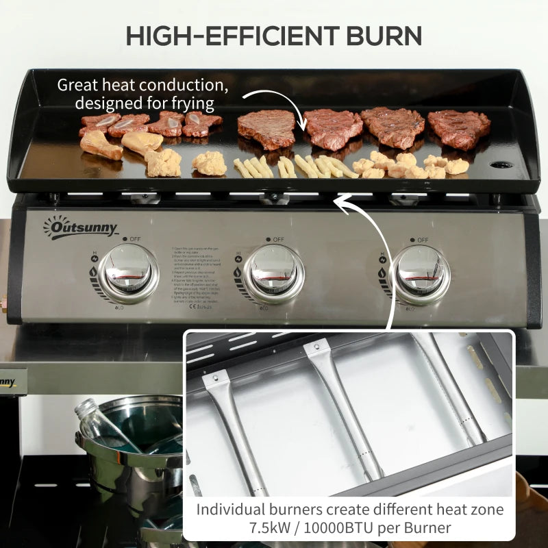 Black 3-Burner Gas Plancha BBQ Grill with Lid