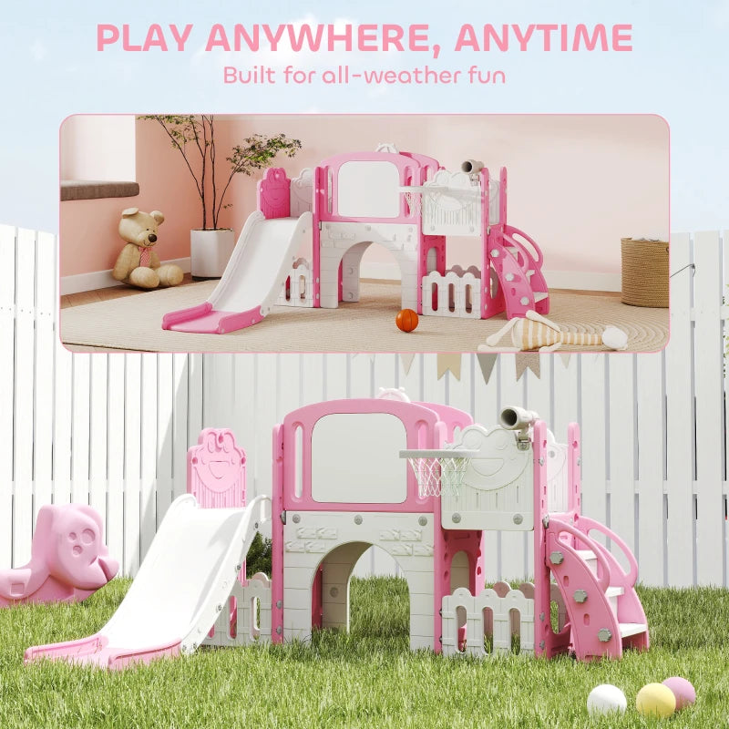 7 in 1 Toddler Slide Set with Basketball Hoop Climbing Frame Telescope Drawing Board Storage Box Pink