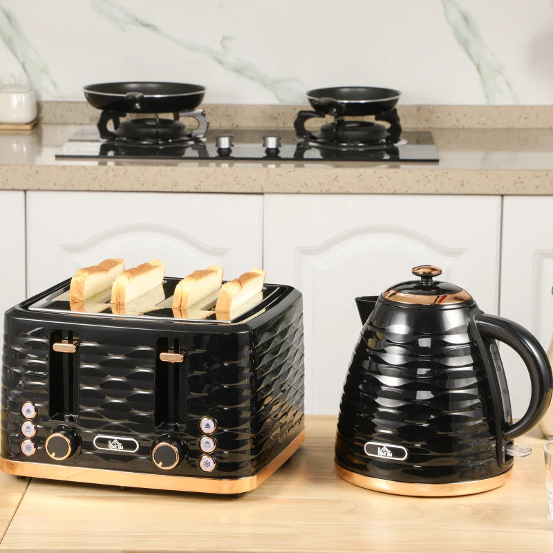 Premium 3000W Kettle & Toaster Set - 1.7L Rapid Boil, 4 Slice, 7 Browning Controls, UK Otter Thermostat, Black